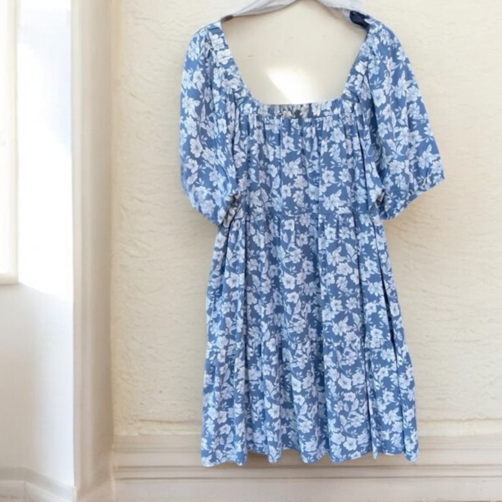 Blue and White Midi Sundress with Smocked Bodice and Puff Sleeves